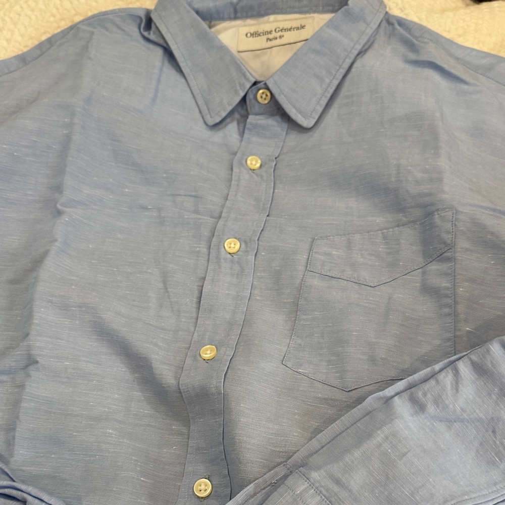 Officine Generale Sky Blue Men's Shirt With Rounded Collar & Pocket